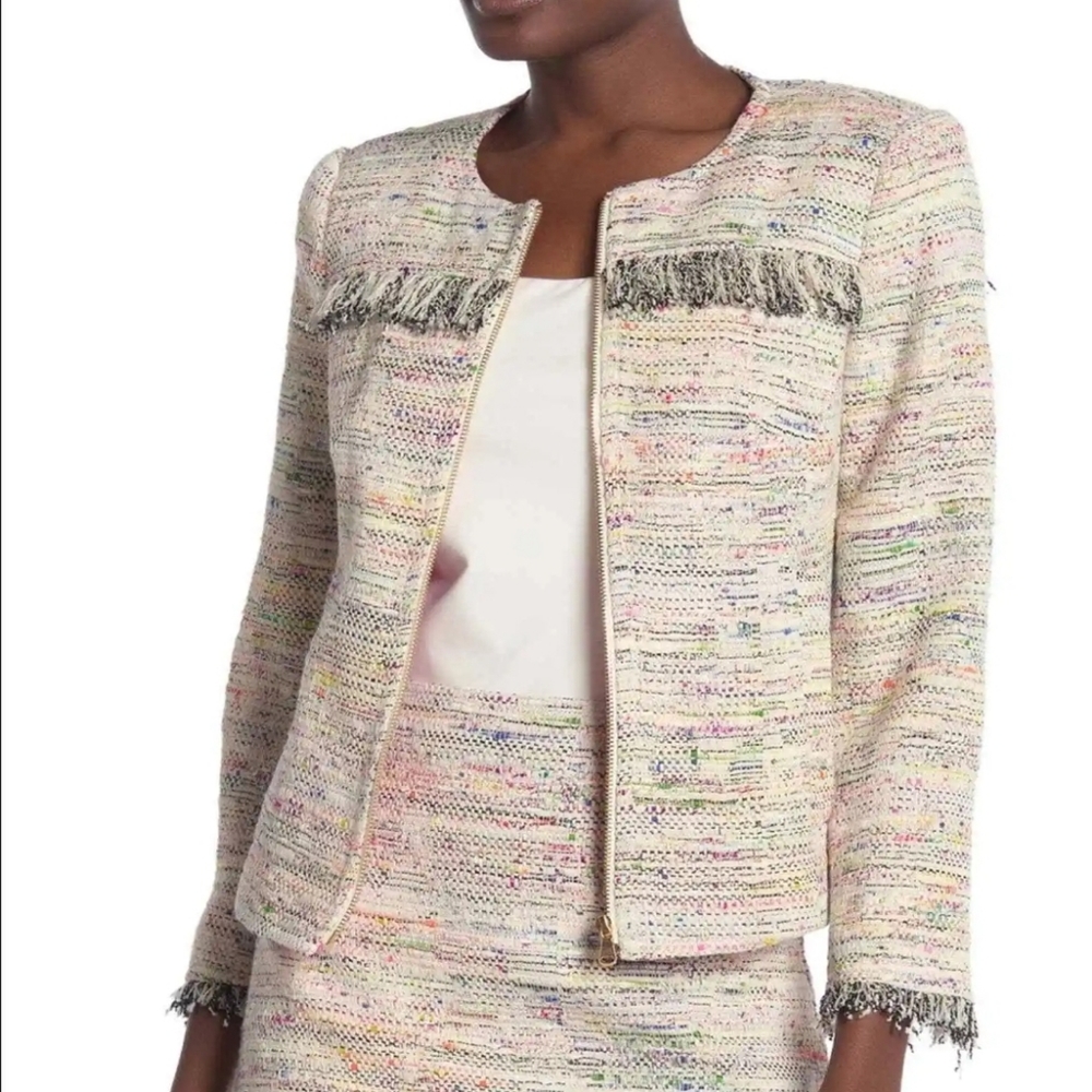 TRINA TURK Frayed Trim Tweed Crop Peacoat Jacket XS